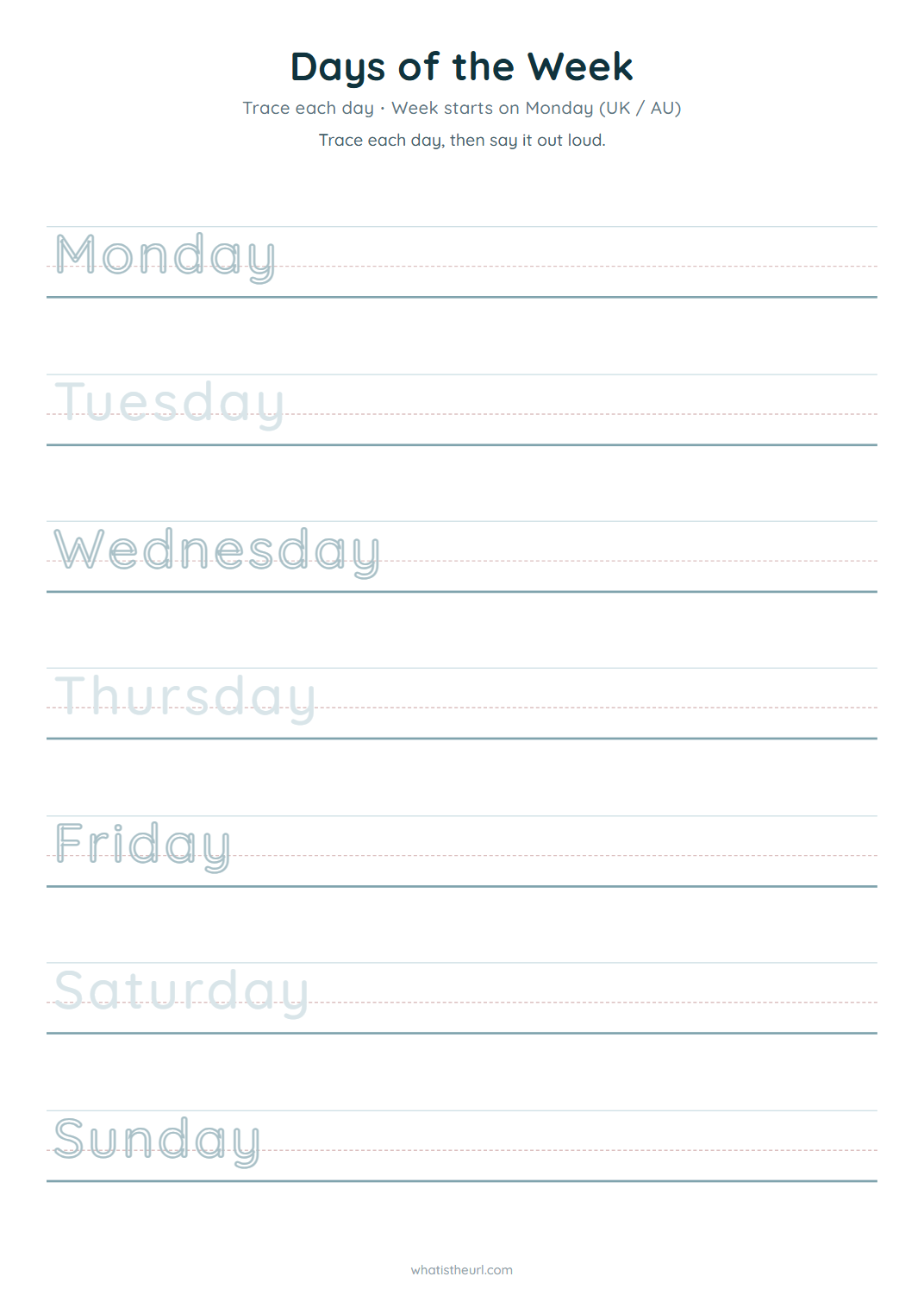 Days of the week tracing, week starts on monday (uk / au)