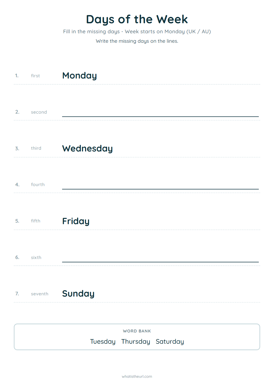 Days of the week worksheet, week starts on monday (uk / au)