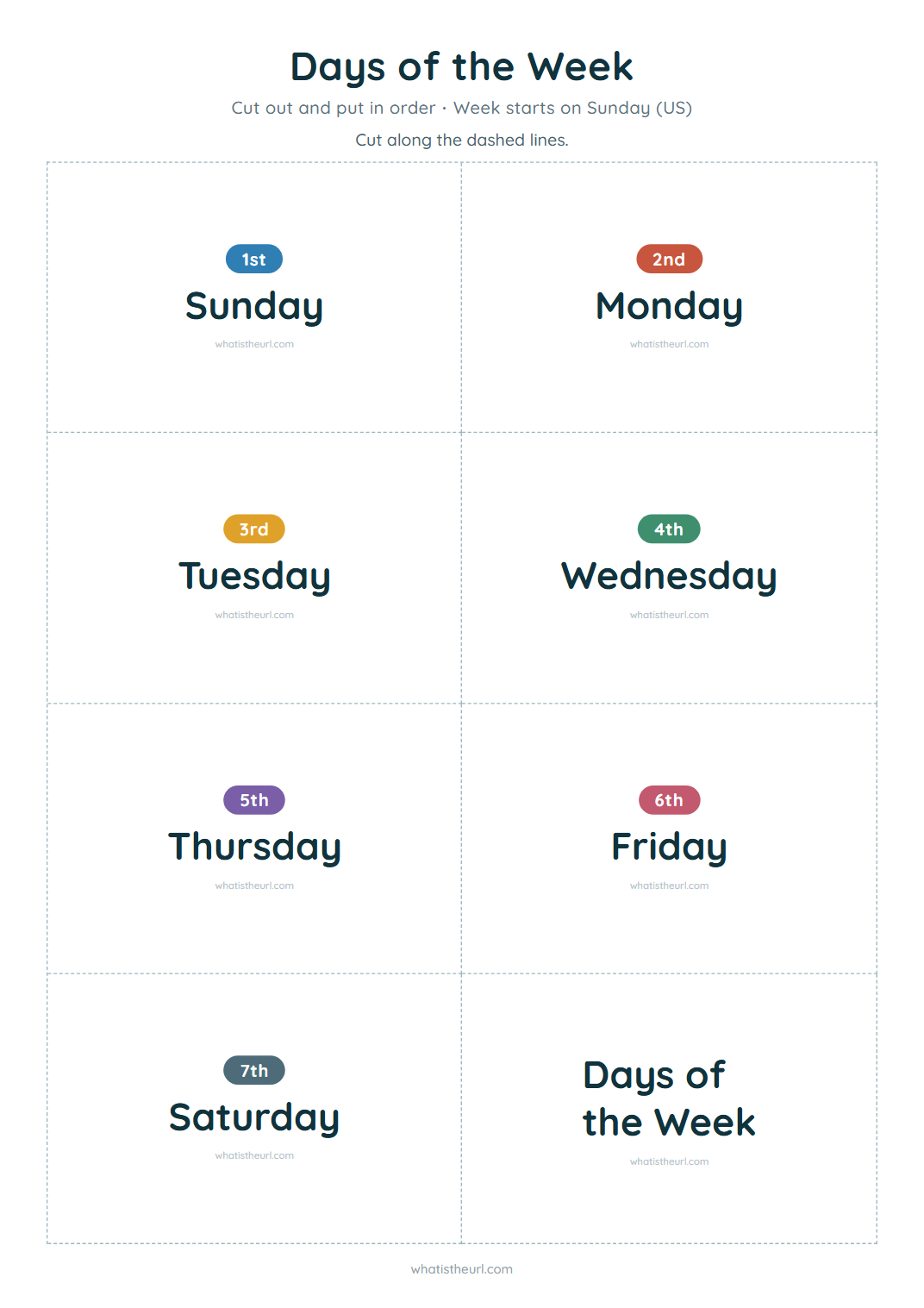 Days of the week cards, week starts on sunday (us)