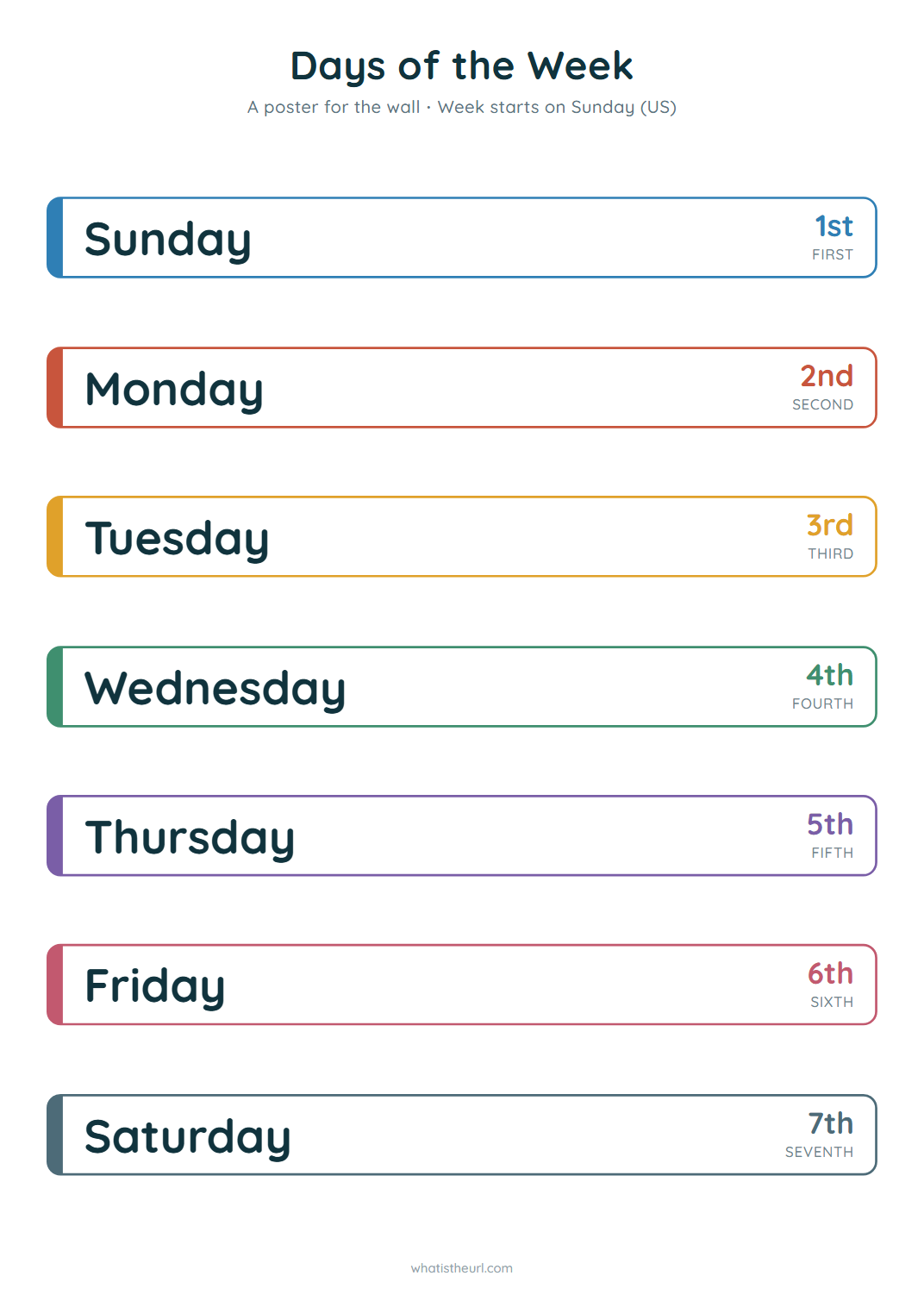 Days of the week poster, week starts on sunday (us)