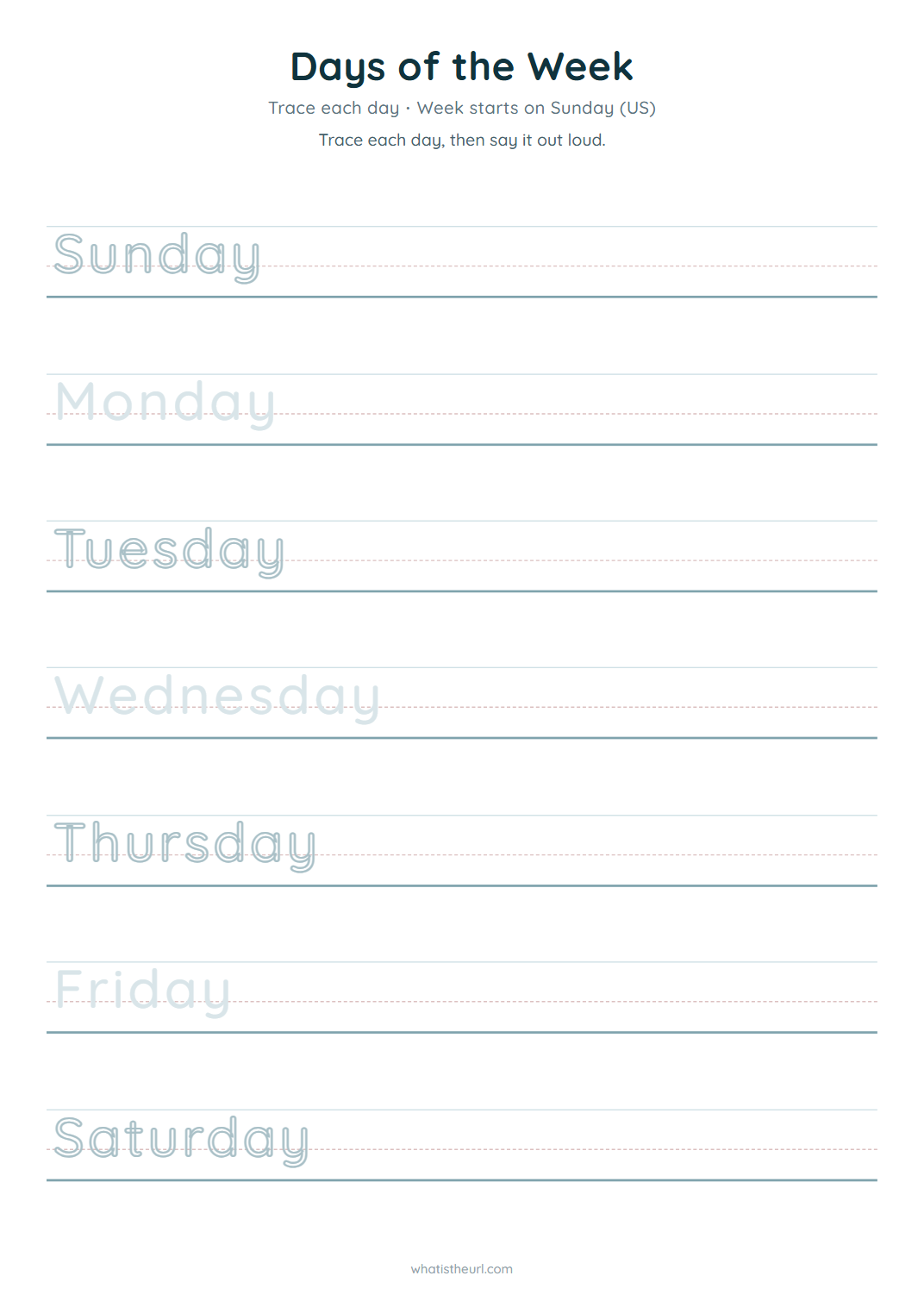 Days of the week tracing, week starts on sunday (us)