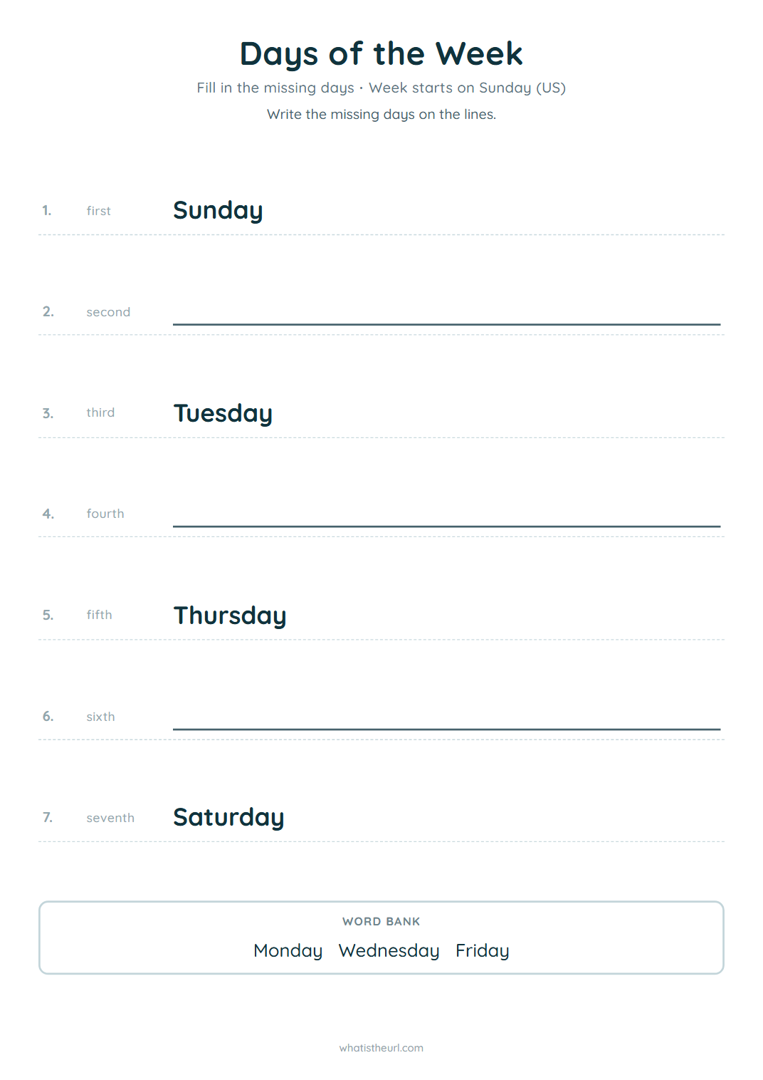 Days of the week worksheet, week starts on sunday (us)