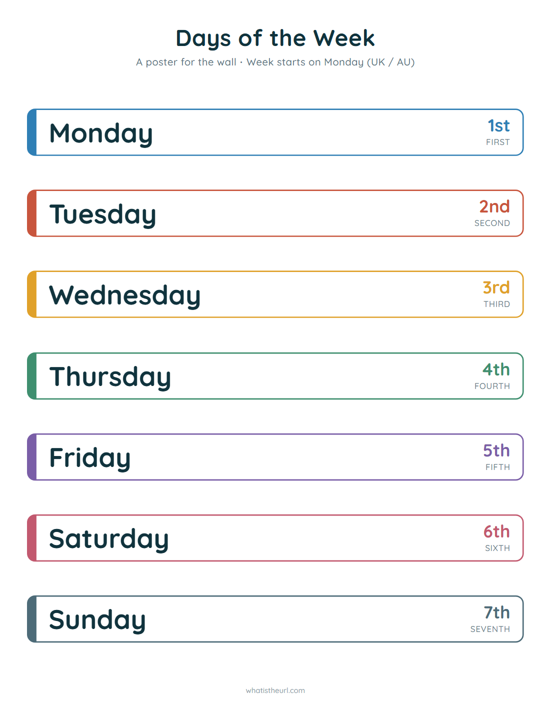 Days of the week poster, week starts on monday (uk / au)