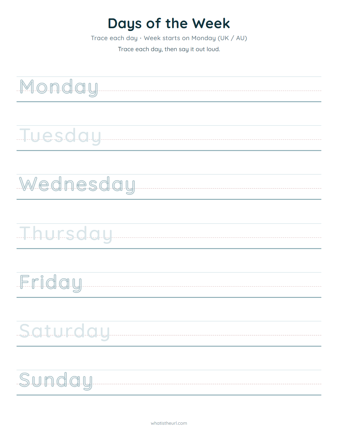 Days of the week tracing, week starts on monday (uk / au)