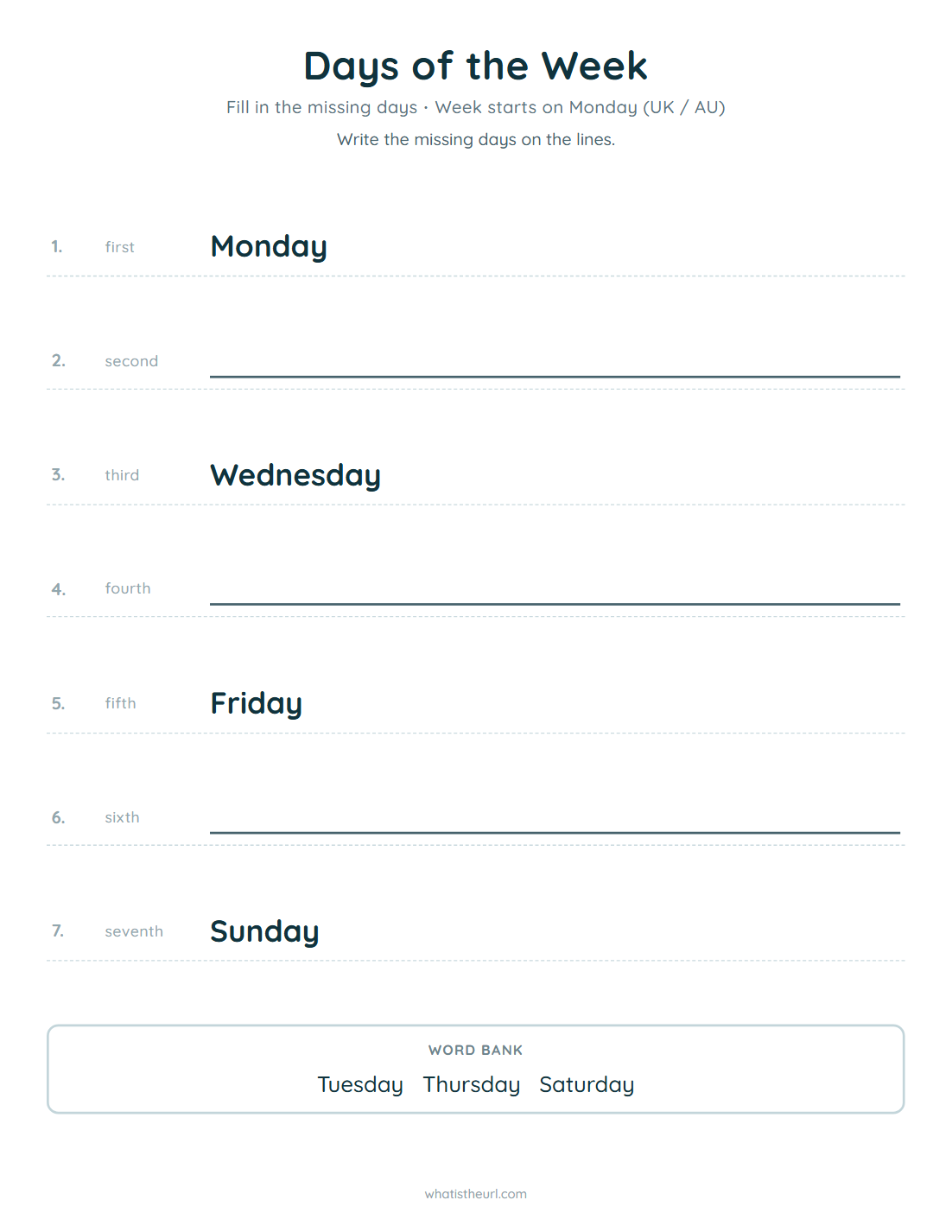 Days of the week worksheet, week starts on monday (uk / au)