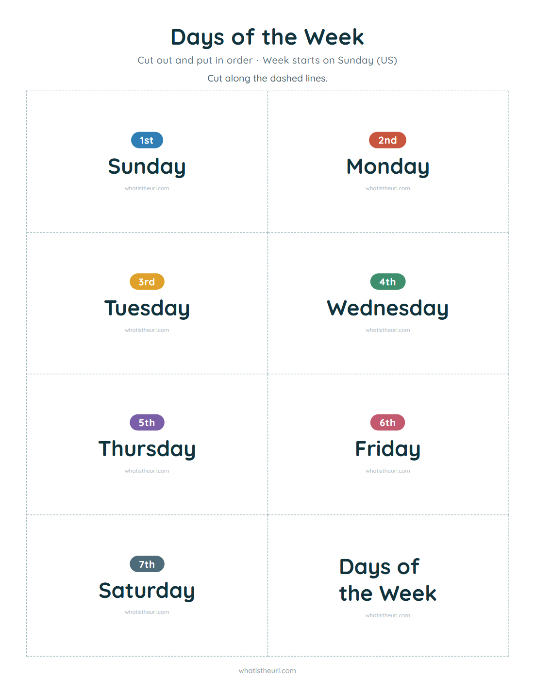 Days of the week cards, week starts on sunday (us)