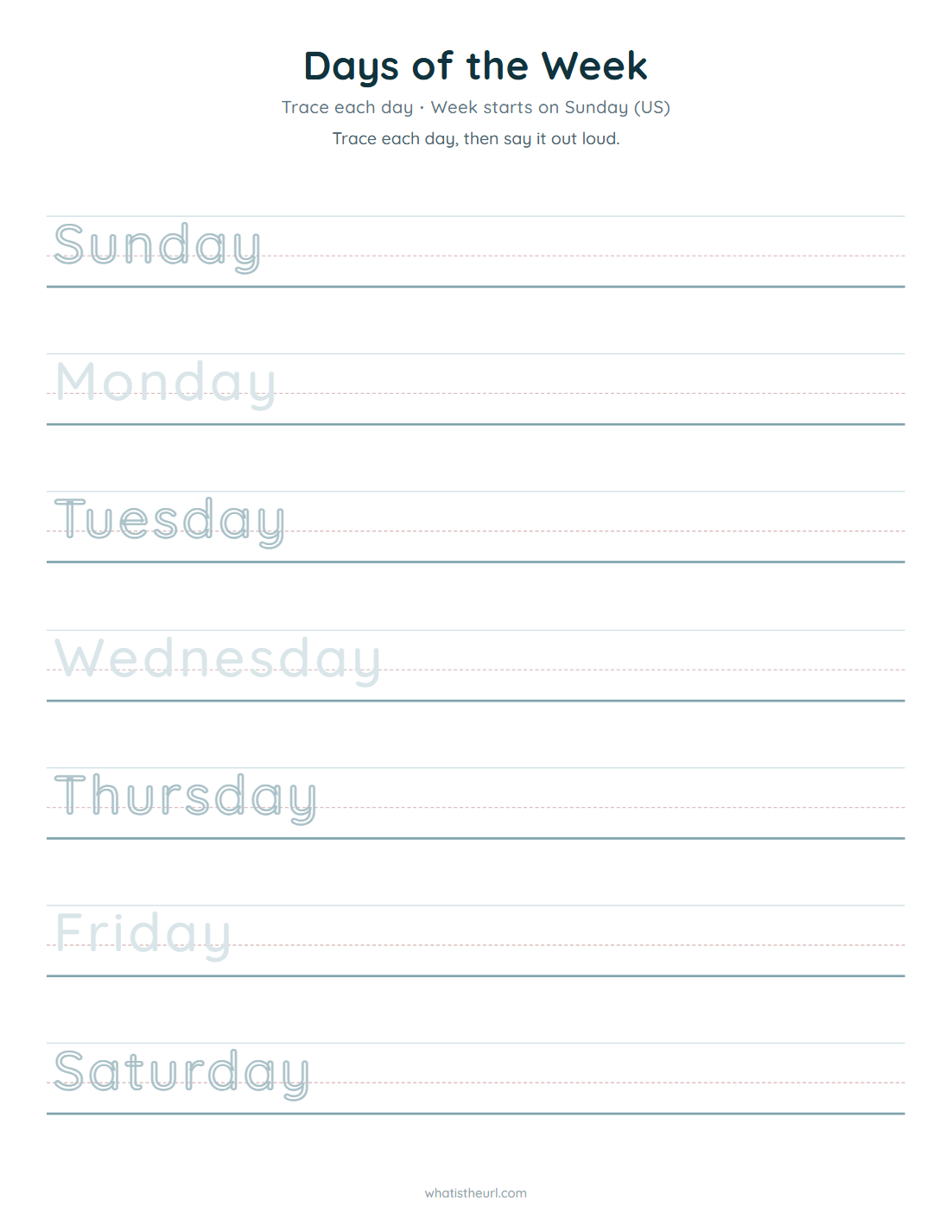Days of the week tracing, week starts on sunday (us)