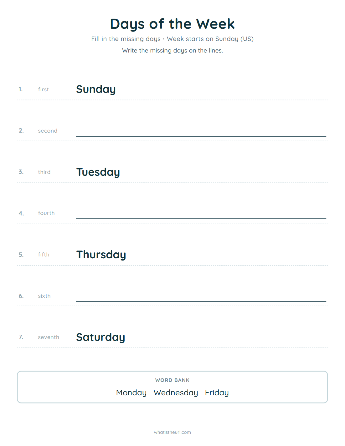 Days of the week worksheet, week starts on sunday (us)