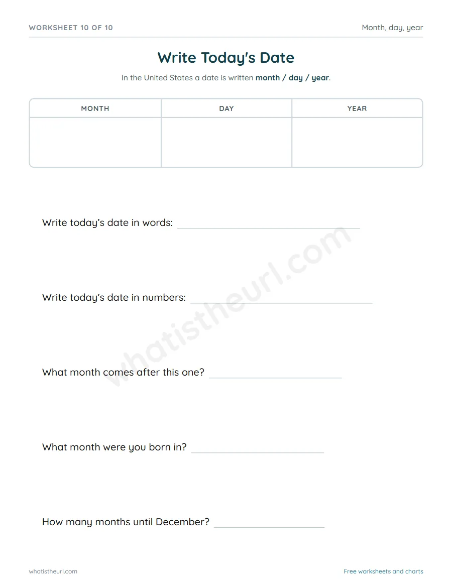 Months of the year worksheet - Write Today's Date