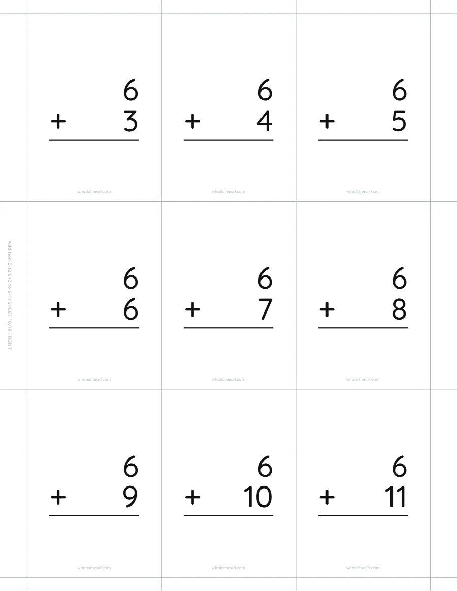 Addition flash cards, 6 + 3 to 6 + 11