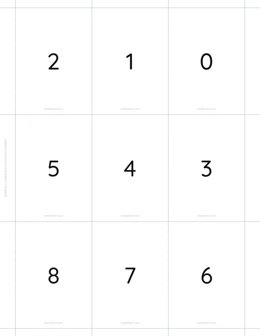 Answers for addition flash cards, 0 + 0 to 0 + 8