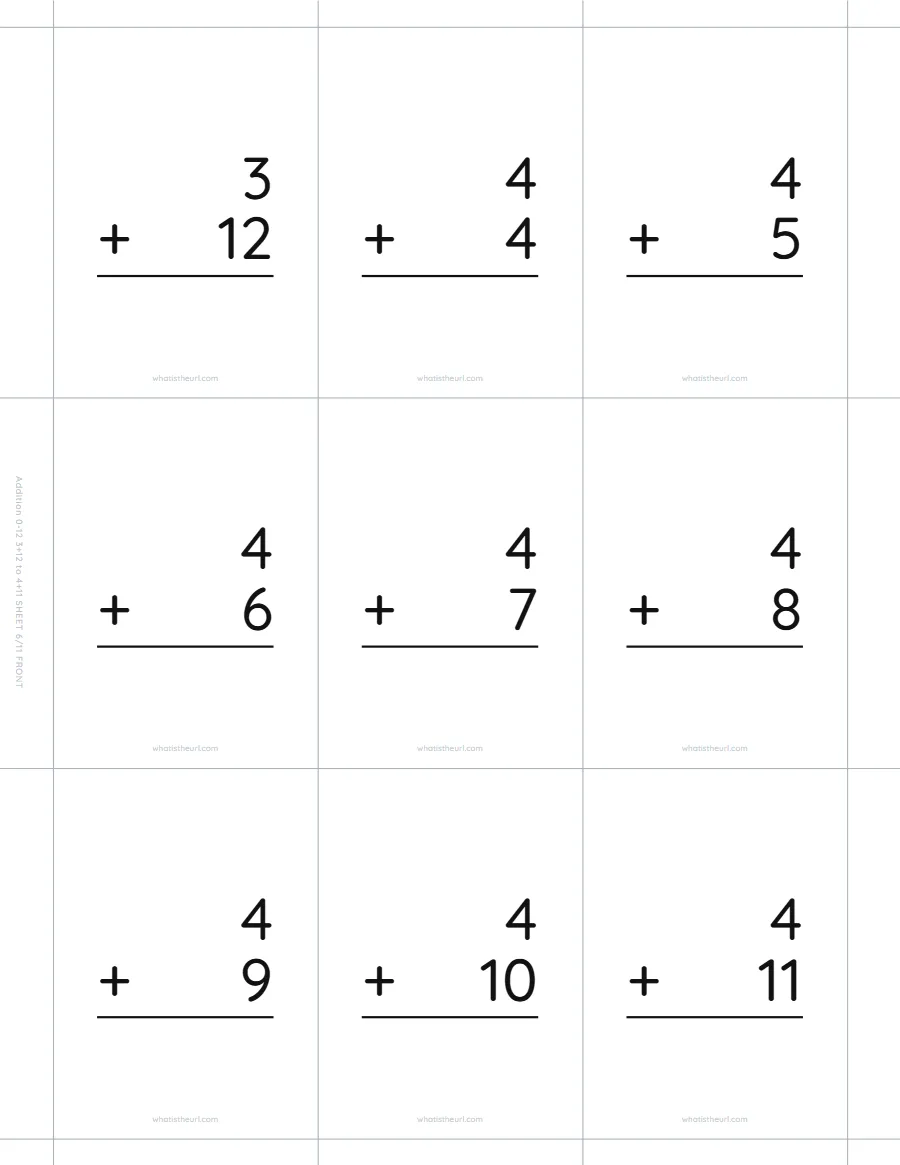 Addition flash cards, 3 + 12 to 4 + 11
