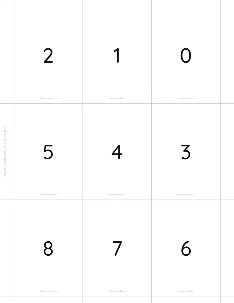 Answers for addition flash cards, 0 + 0 to 0 + 8