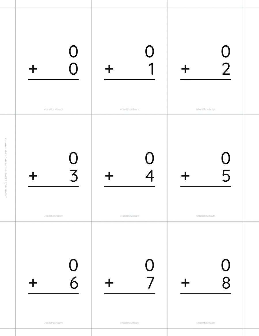 Addition flash cards, 0 + 0 to 0 + 8