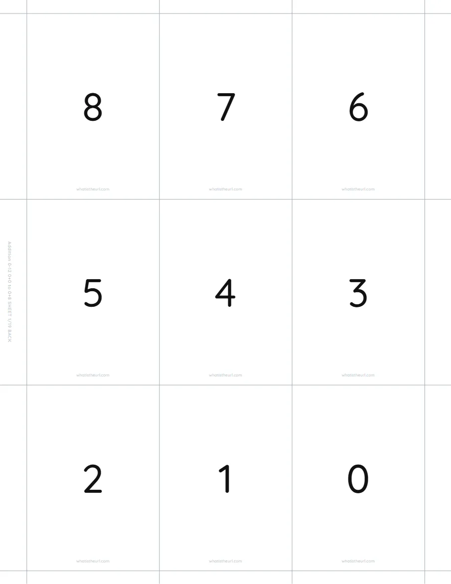 Answers for addition flash cards, 0 + 0 to 0 + 8