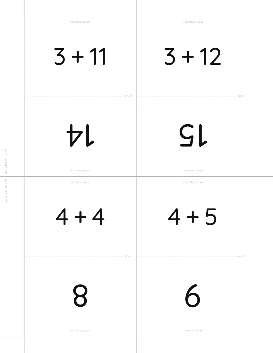 Addition flash cards, 3 + 11 to 4 + 5