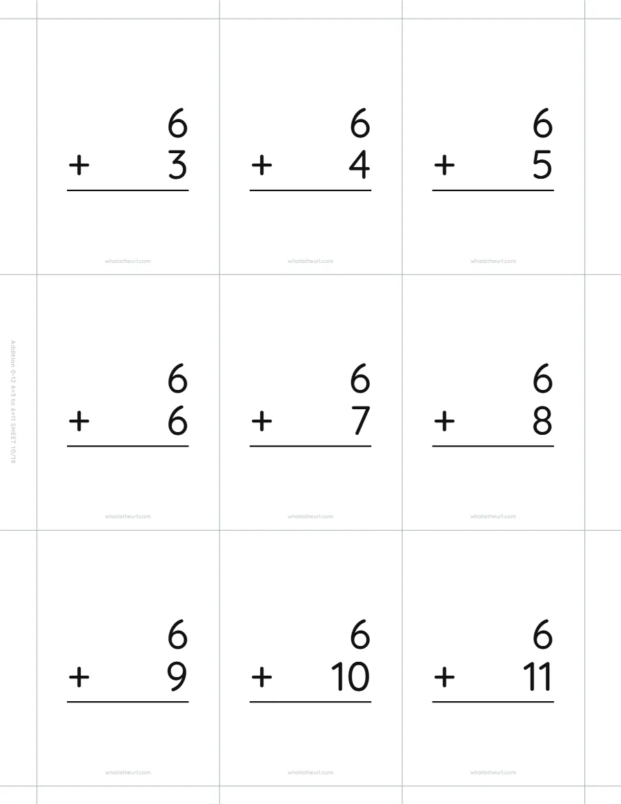 Addition flash cards, 6 + 3 to 6 + 11
