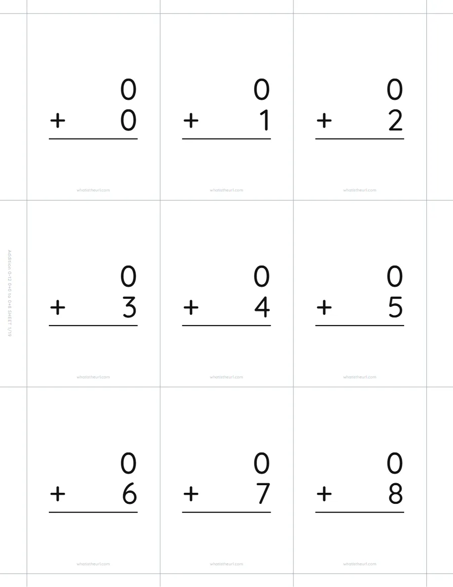 Addition flash cards, 0 + 0 to 0 + 8