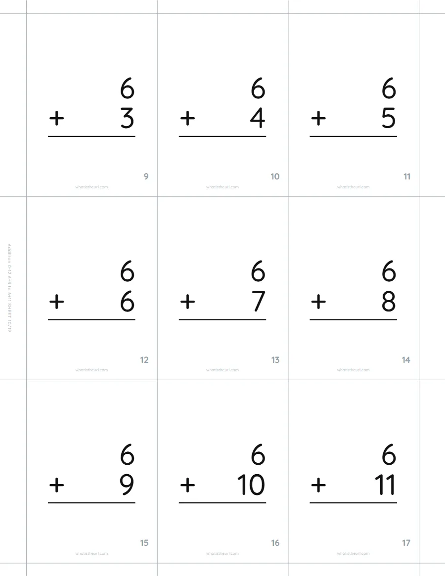 Addition flash cards, 6 + 3 to 6 + 11