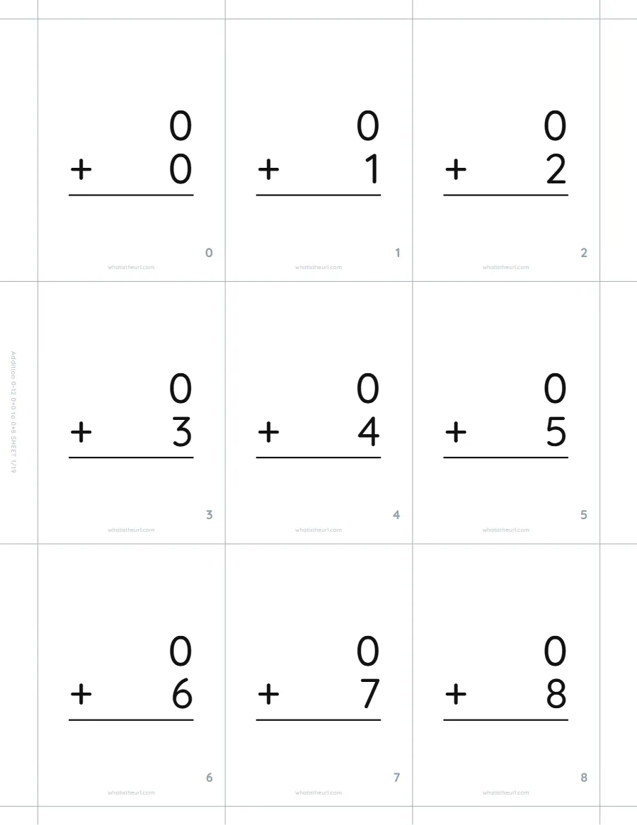 Addition flash cards, 0 + 0 to 0 + 8