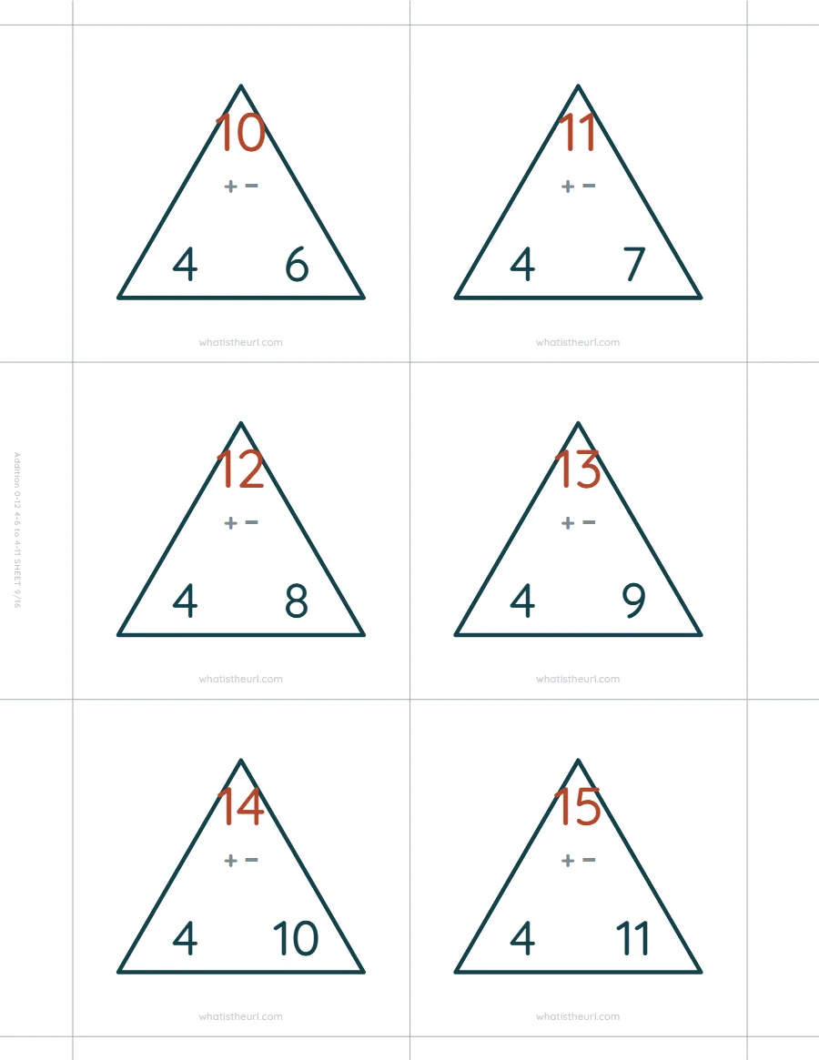 Addition fact family triangles, 4, 6 to 4, 11