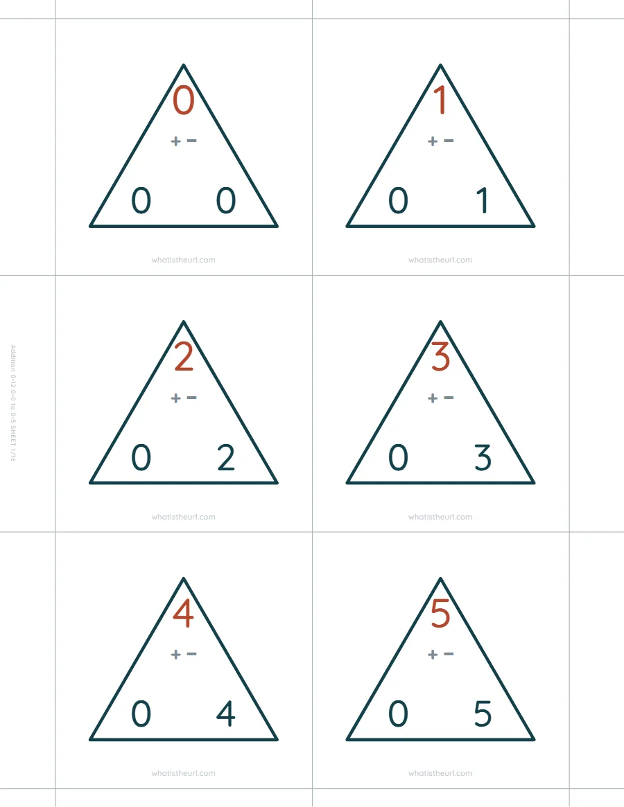 Addition fact family triangles, 0, 0 to 0, 5