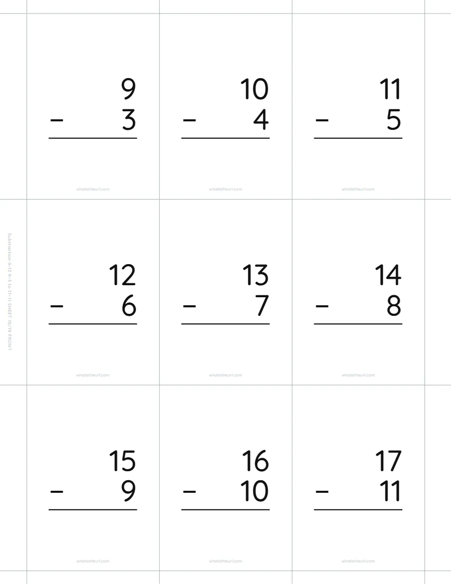 Subtraction flash cards, 9 − 3 to 17 − 11