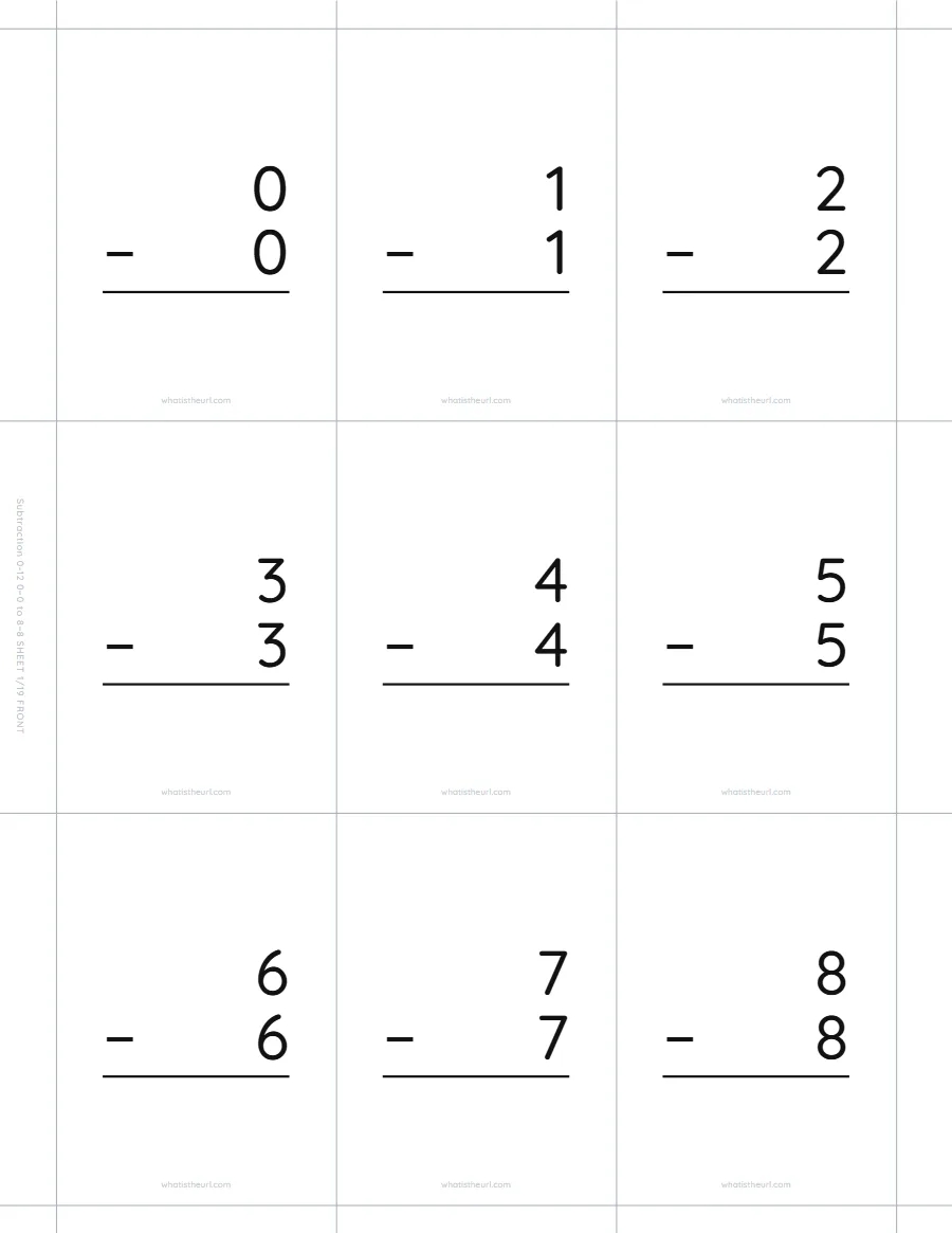 Subtraction flash cards, 0 − 0 to 8 − 8