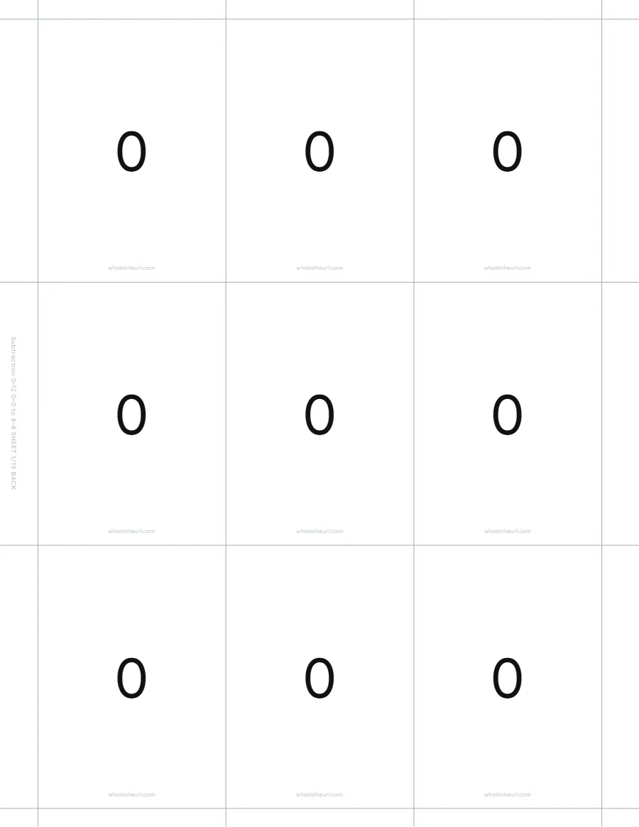 Answers for subtraction flash cards, 0 − 0 to 8 − 8