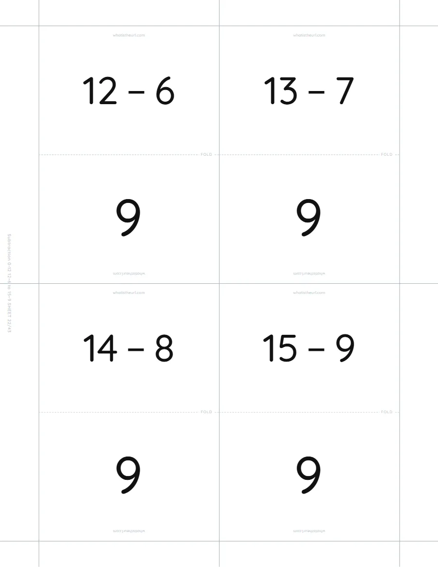 Subtraction flash cards, 12 − 6 to 15 − 9
