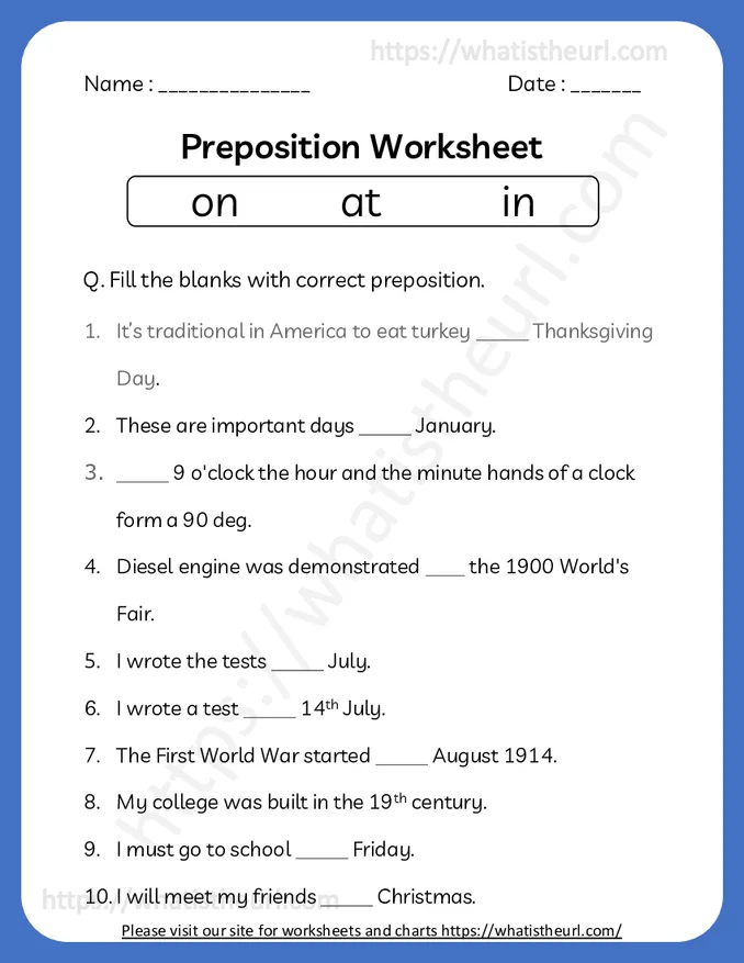 Preposition Worksheets for Grade 4
