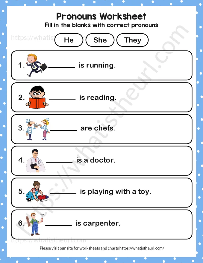 Worksheets on Pronouns - Using He, She and They