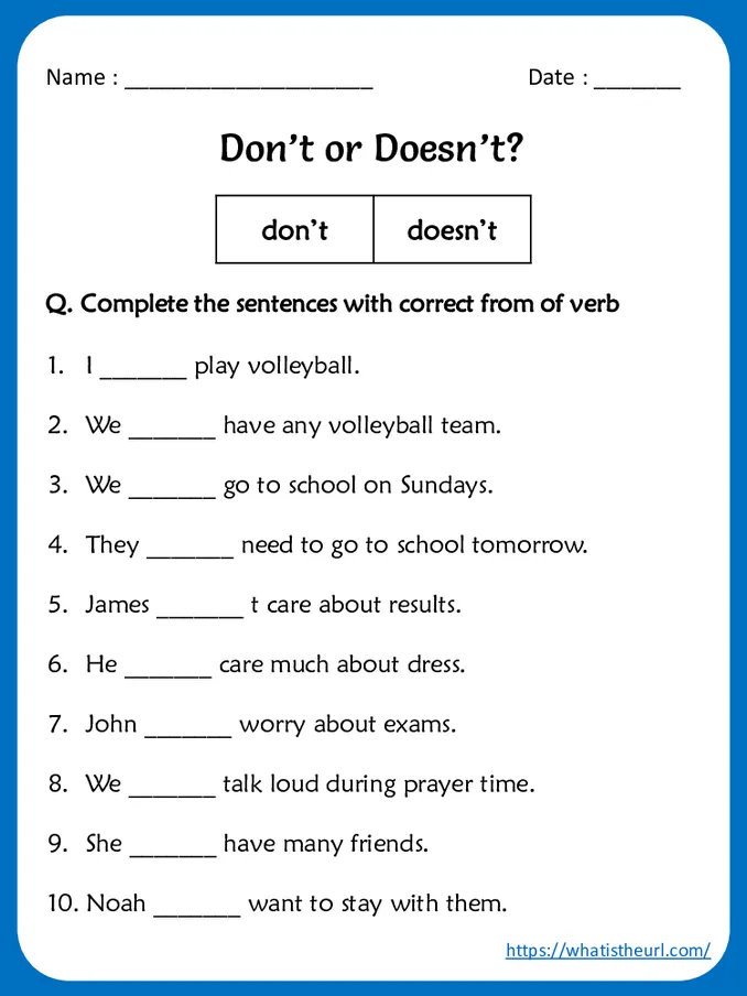 Don't and Doesn't Worksheets