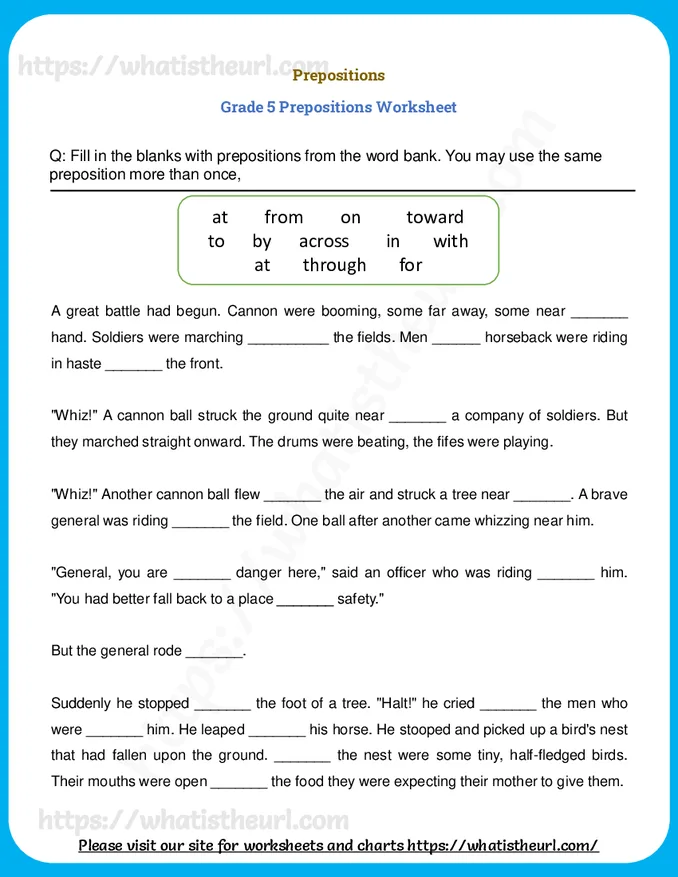 Prepositions Worksheets for Grade 5