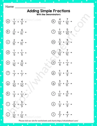 Adding Simple Fractions with like denominators worksheet preview Adding Simple Fractions with like denominators worksheet preview
