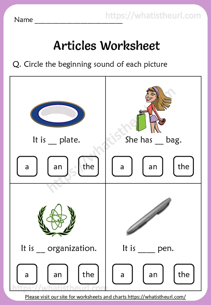 Articles a, an and the Worksheets for Kids