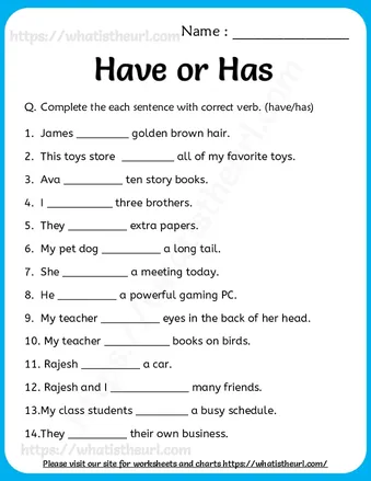 Has or Have worksheet for Grade 1 with Key (answers) worksheet preview