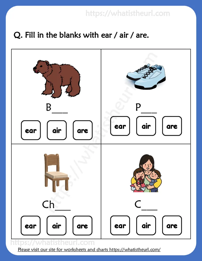 Fill in the blanks with ear / air / are Worksheets For Grade 3