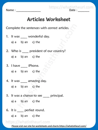 Articles (a / an / the) Worksheets For 5th Grade worksheet preview