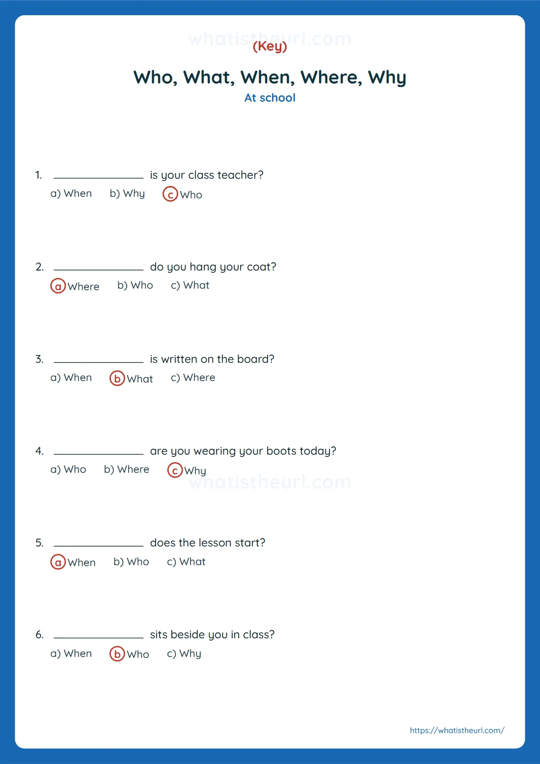 Answer key with the correct question word circled on each line
