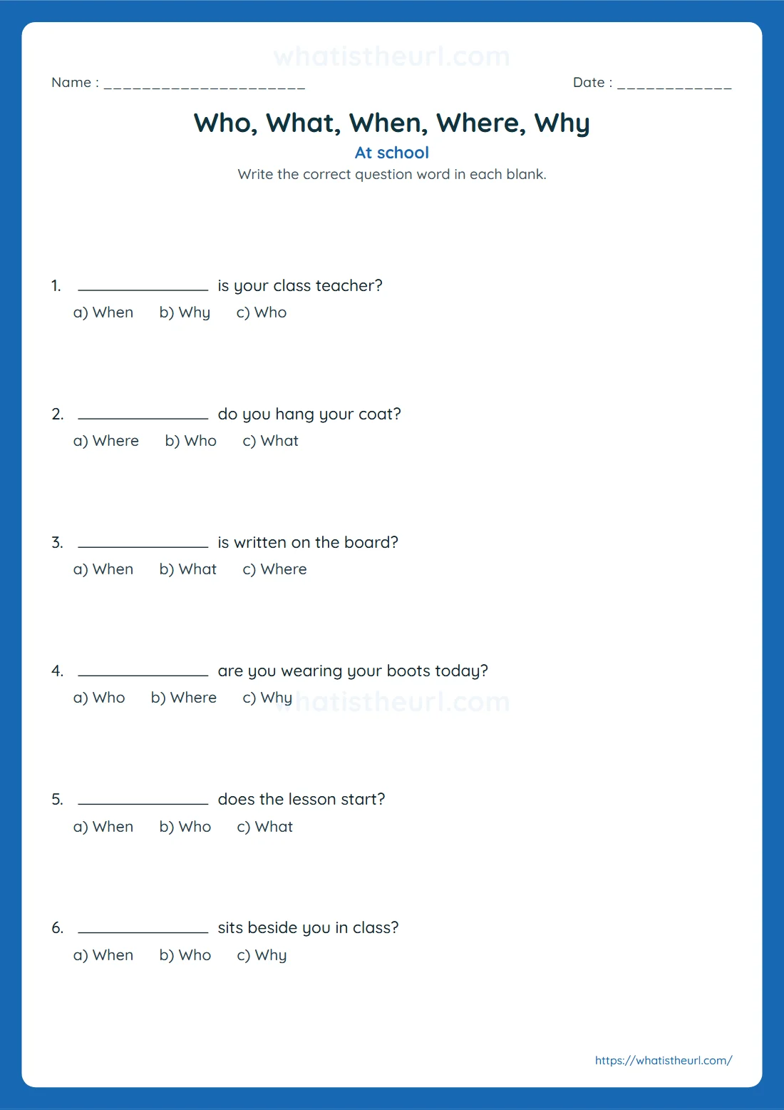 Who what when where why worksheet with six multiple-choice questions