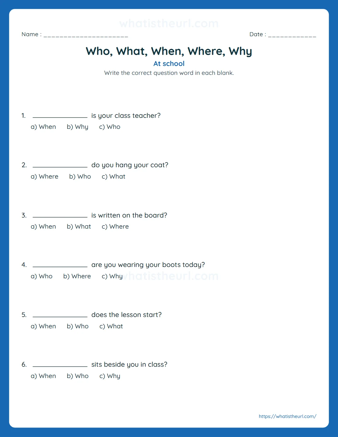 Who what when where why worksheet with six multiple-choice questions