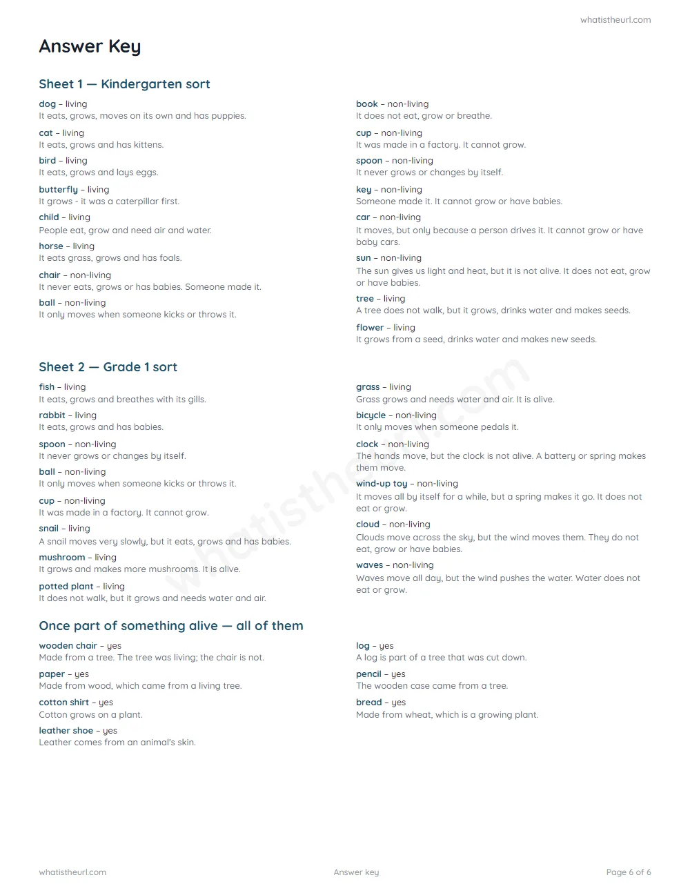 Living and non-living things worksheet - answer key