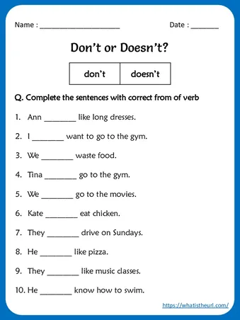 Don’t or Doesn’t  Worksheets for 4th grade worksheet preview