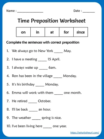 Time Preposition Worksheets For 5th Grade worksheet preview