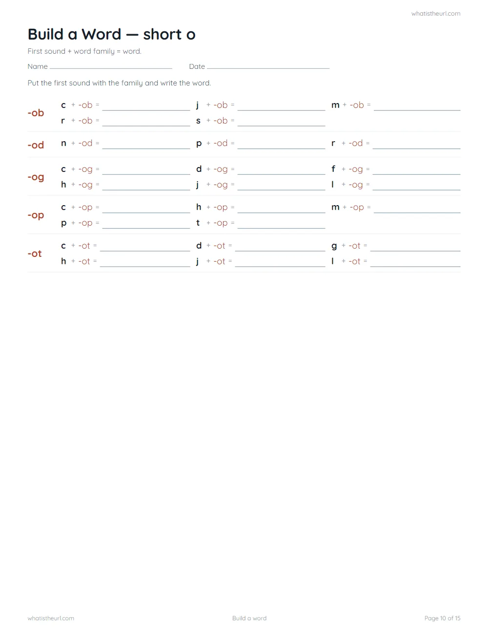 CVC word family worksheet - build a word: short o