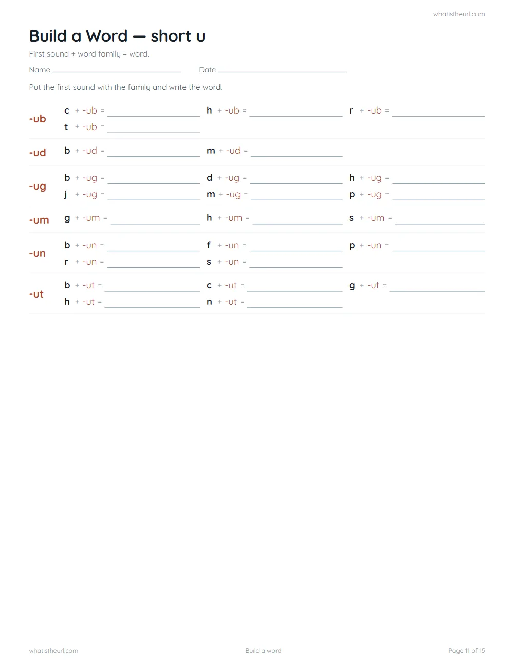CVC word family worksheet - build a word: short u
