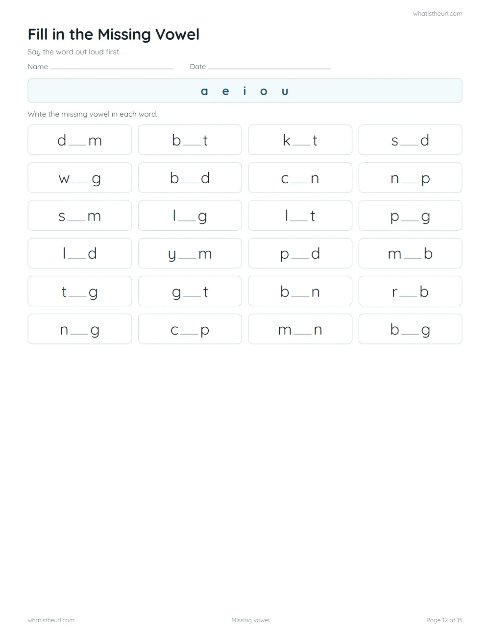 CVC word family worksheet - missing vowel