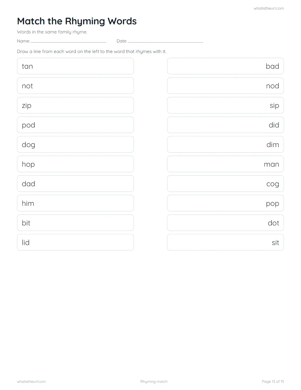 CVC word family worksheet - rhyming match