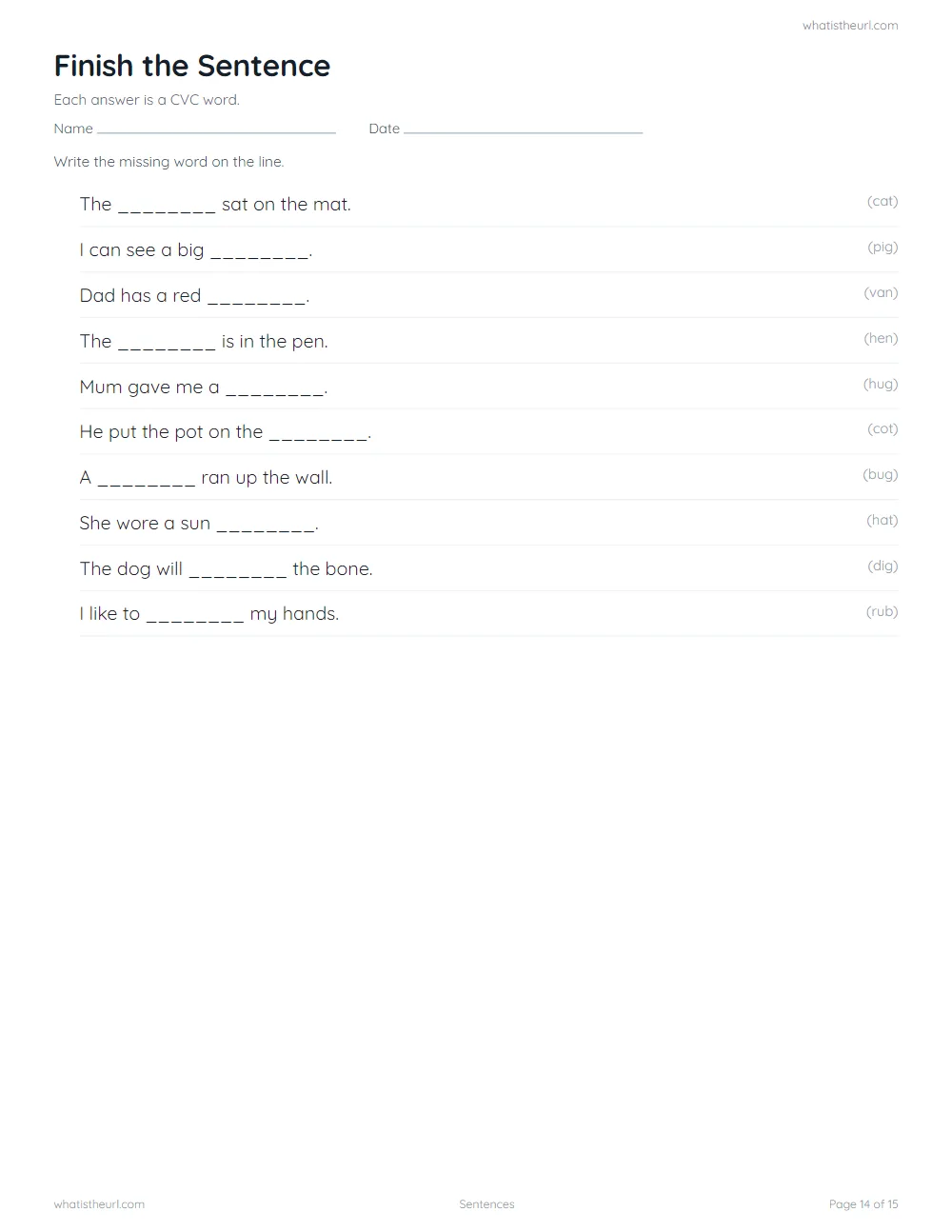 CVC word family worksheet - finish the sentence